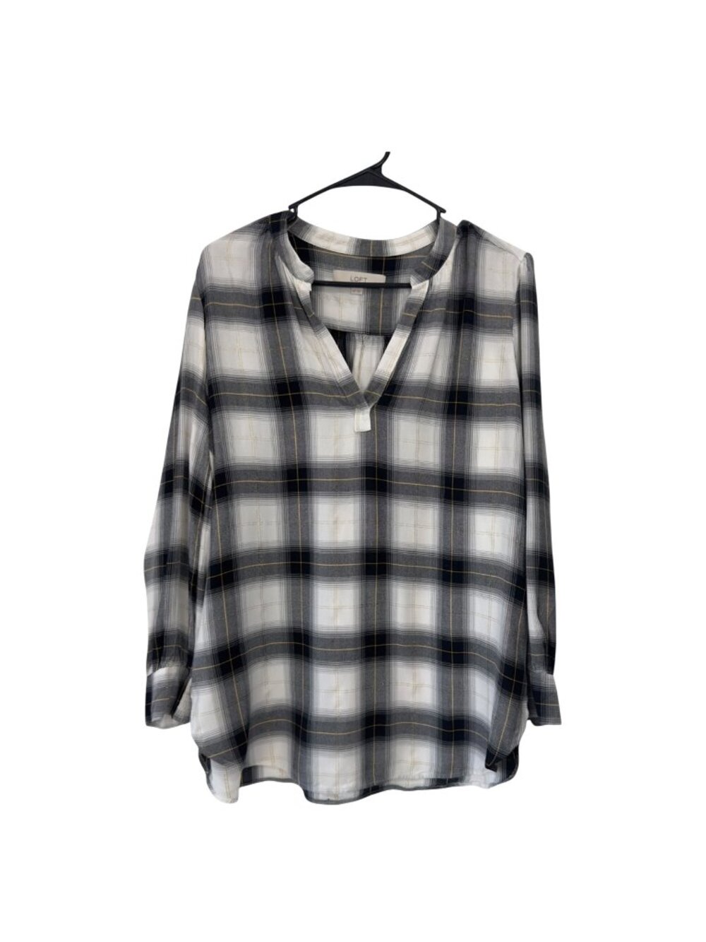 Loft Petite Plaid Tunic Blouse Long Sleeve Black White Gold Details Womens Sz LP